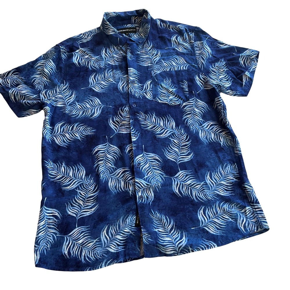 Molokai Surf Co Button Down Mens XL Blue Tropical Leaf Print Rayon Short‎ Sleeve